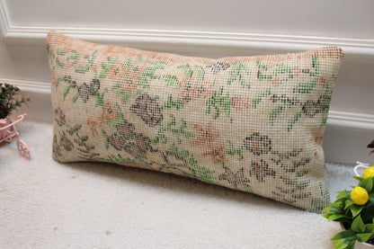 Handmade Kilim Lumbar Pillow Cover: Upcycled Floral Wool (12x24 inc)