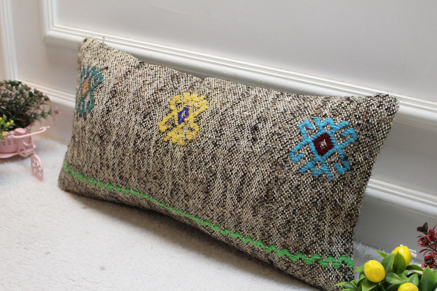 Gray Vintage Turkish Kilim Lumbar Pillow Cover: 12x24 inch, Handmade Wool
