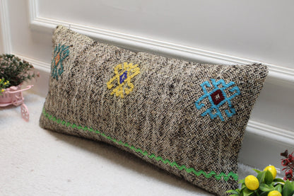 Gray Vintage Turkish Kilim Lumbar Pillow Cover: 12x24 inch, Handmade Wool