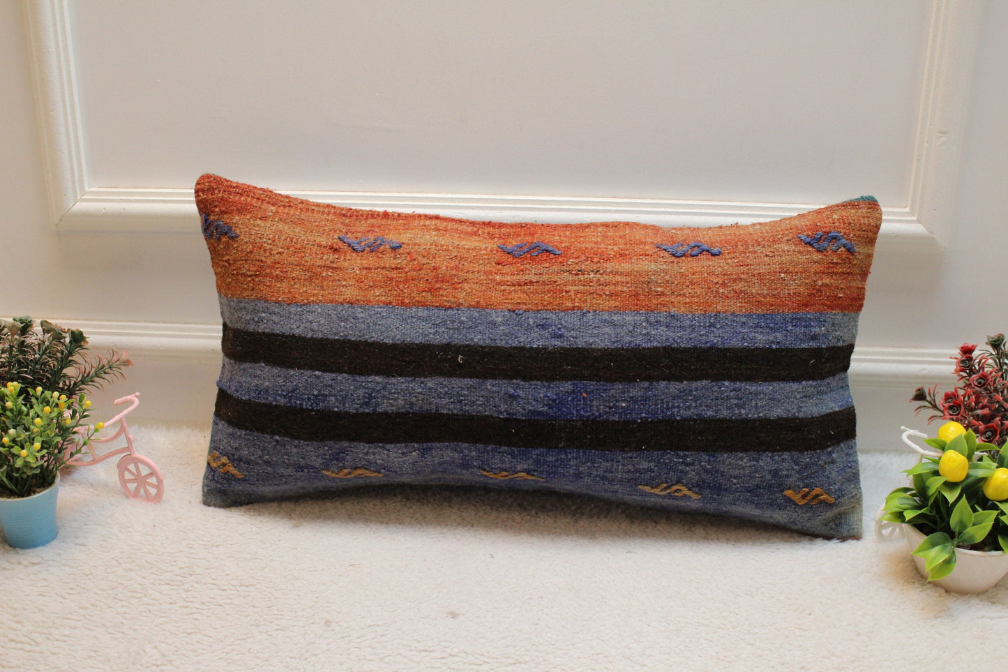 Striped Kilim Lumbar Pillow Cover: 12x24 inch, Upcycled Woven Rug