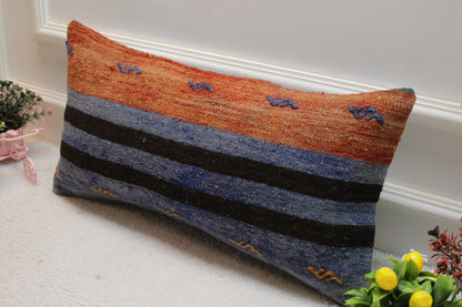 Striped Kilim Lumbar Pillow Cover: 12x24 inch, Upcycled Woven Rug