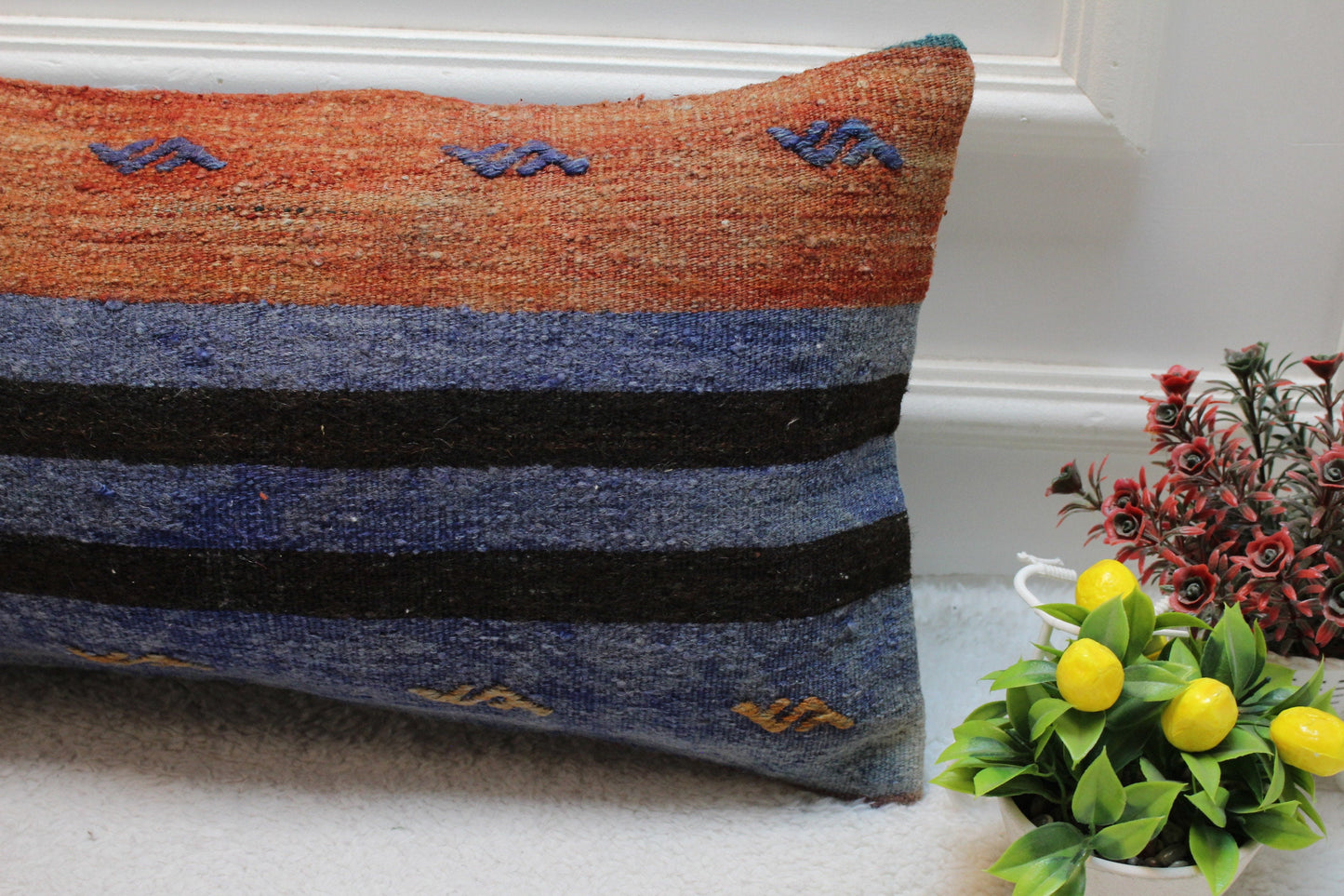 Striped Kilim Lumbar Pillow Cover: 12x24 inch, Upcycled Woven Rug