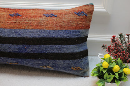 Striped Kilim Lumbar Pillow Cover: 12x24 inch, Upcycled Woven Rug