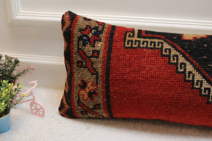 Handmade Turkish Kilim Lumbar Pillow Cover: Red, Black, Beige (12x24 inch)