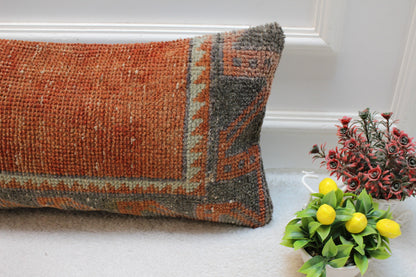 Handmade Turkish Rug Lumbar Pillow Cover: Red Brown Woven Wool (12x24 in)