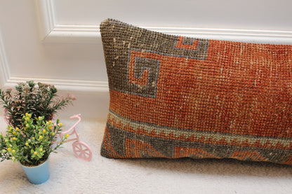 Handmade Turkish Rug Lumbar Pillow Cover: Red Brown Woven Wool (12x24 in)