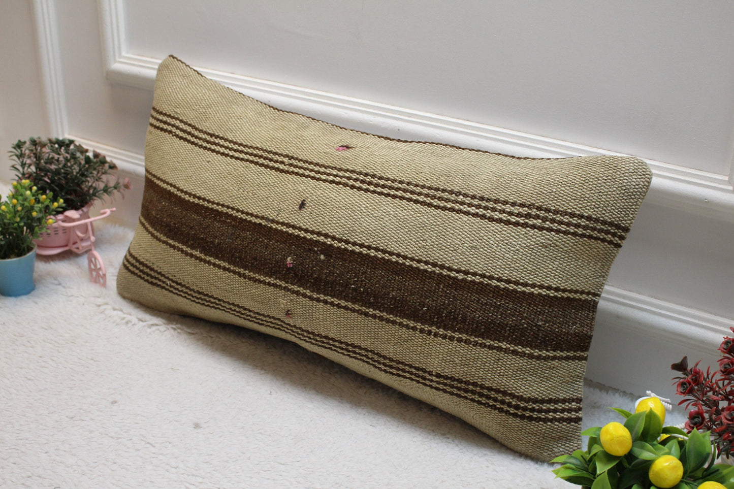 Handmade Kilim Pillow Cover: Brown Beige Striped Wool, 12x24 inch