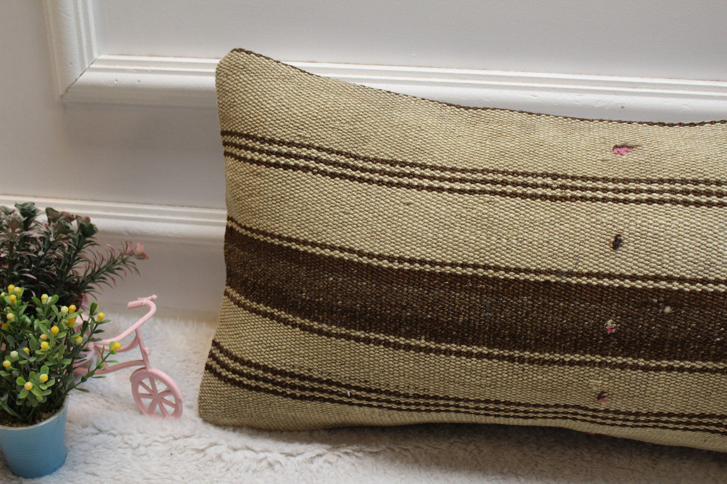 Handmade Kilim Pillow Cover: Brown Beige Striped Wool, 12x24 inch