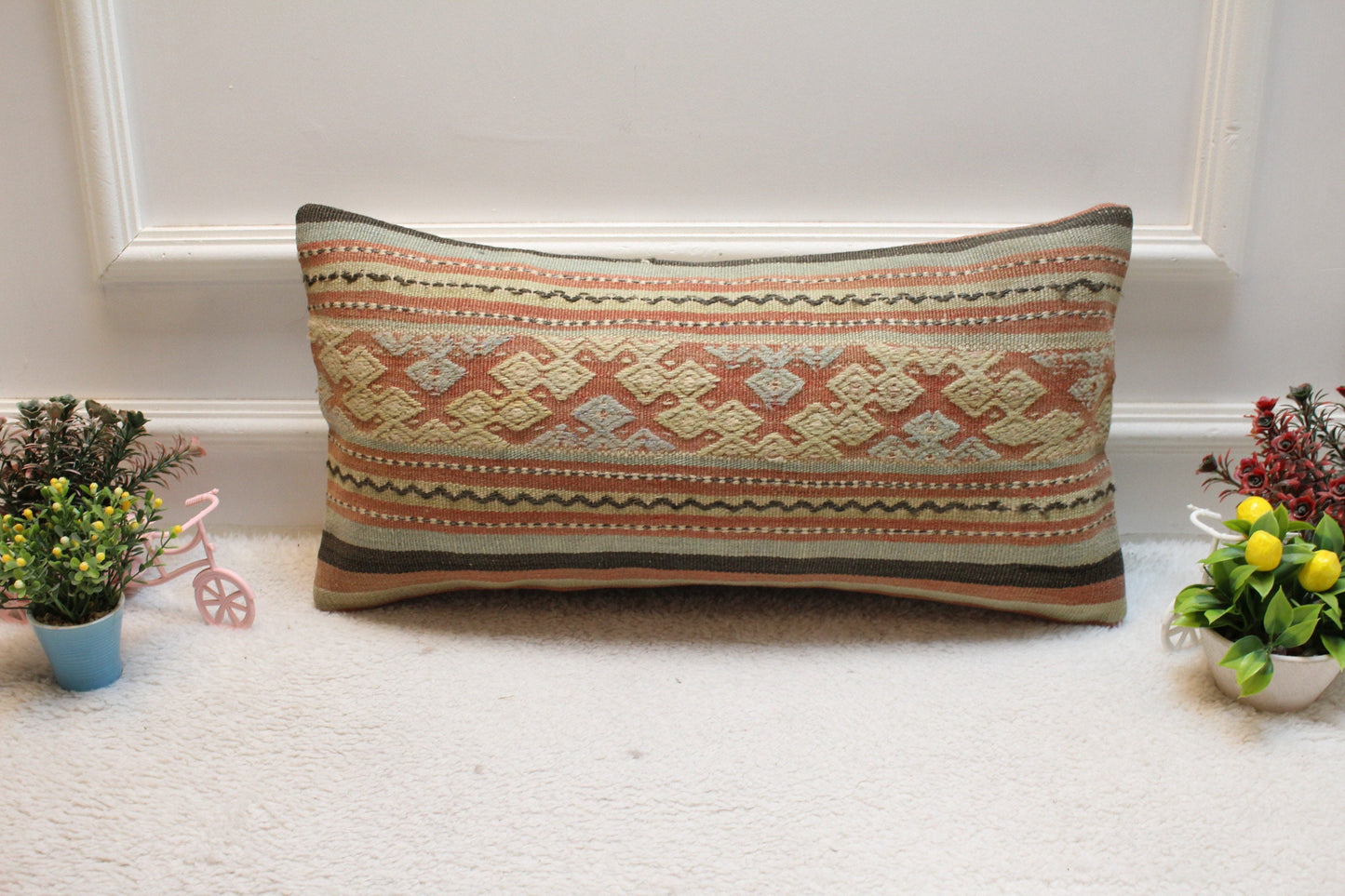 Geometric Kilim Pillow Cover: Handmade Upcycled Wool, 12x24 inch