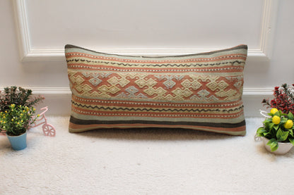 Geometric Kilim Pillow Cover: Handmade Upcycled Wool, 12x24 inch