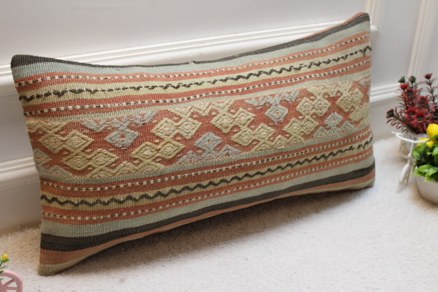 Geometric Kilim Pillow Cover: Handmade Upcycled Wool, 12x24 inch