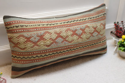 Geometric Kilim Pillow Cover: Handmade Upcycled Wool, 12x24 inch
