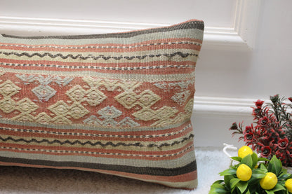 Geometric Kilim Pillow Cover: Handmade Upcycled Wool, 12x24 inch