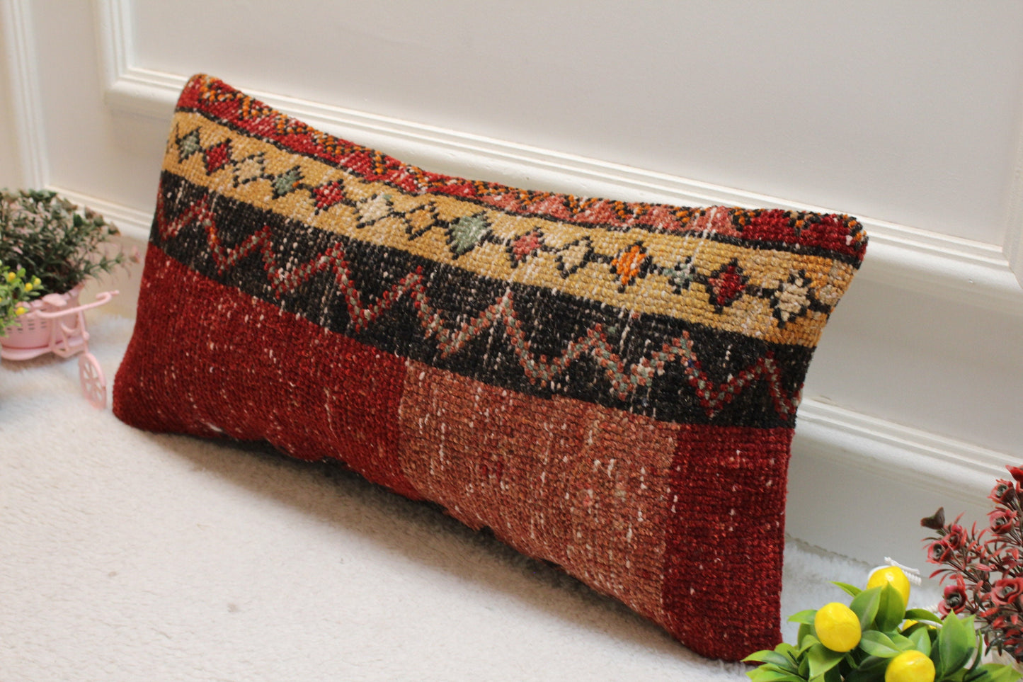 Red & Black Turkish Rug Pillow Cover: Lumbar Accent Pillow (12x24 in)