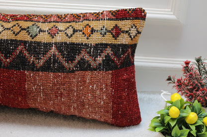 Red & Black Turkish Rug Pillow Cover: Lumbar Accent Pillow (12x24 in)