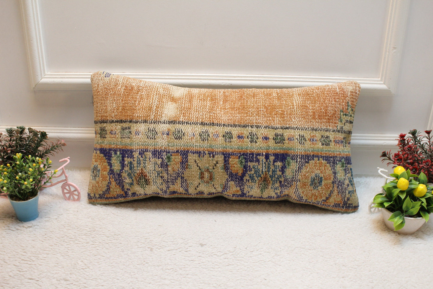 Handmade Orange & Blue Kilim Lumbar Pillow Cover: Turkish Rug Pillow (12x24 in)