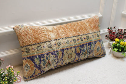 Handmade Orange & Blue Kilim Lumbar Pillow Cover: Turkish Rug Pillow (12x24 in)