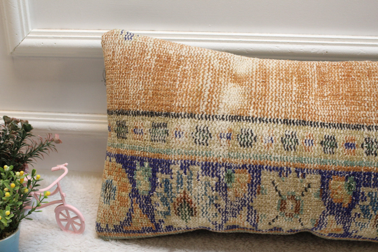 Handmade Orange & Blue Kilim Lumbar Pillow Cover: Turkish Rug Pillow (12x24 in)