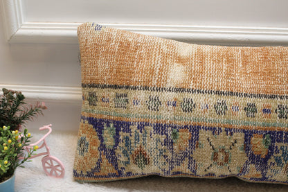 Handmade Orange & Blue Kilim Lumbar Pillow Cover: Turkish Rug Pillow (12x24 in)