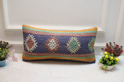 Handmade Kilim Lumbar Pillow Cover: Blue Woven Rug, 12x24 inch
