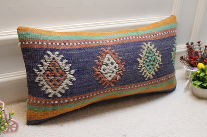 Handmade Kilim Lumbar Pillow Cover: Blue Woven Rug, 12x24 inch