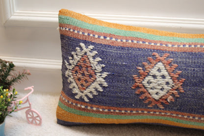 Handmade Kilim Lumbar Pillow Cover: Blue Woven Rug, 12x24 inch