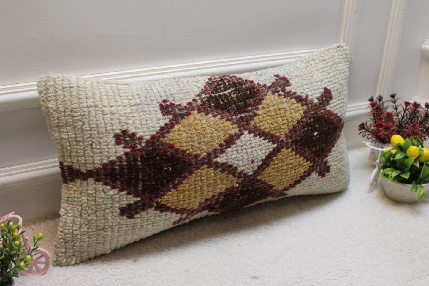 Geometric Kilim Lumbar Pillow Cover: Upcycled Woven Rug, 12x24 inch
