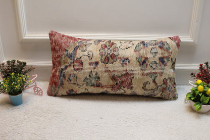 Floral Kilim Lumbar Pillow Cover: Handmade Turkish Rug Pillow, 12x24 inch