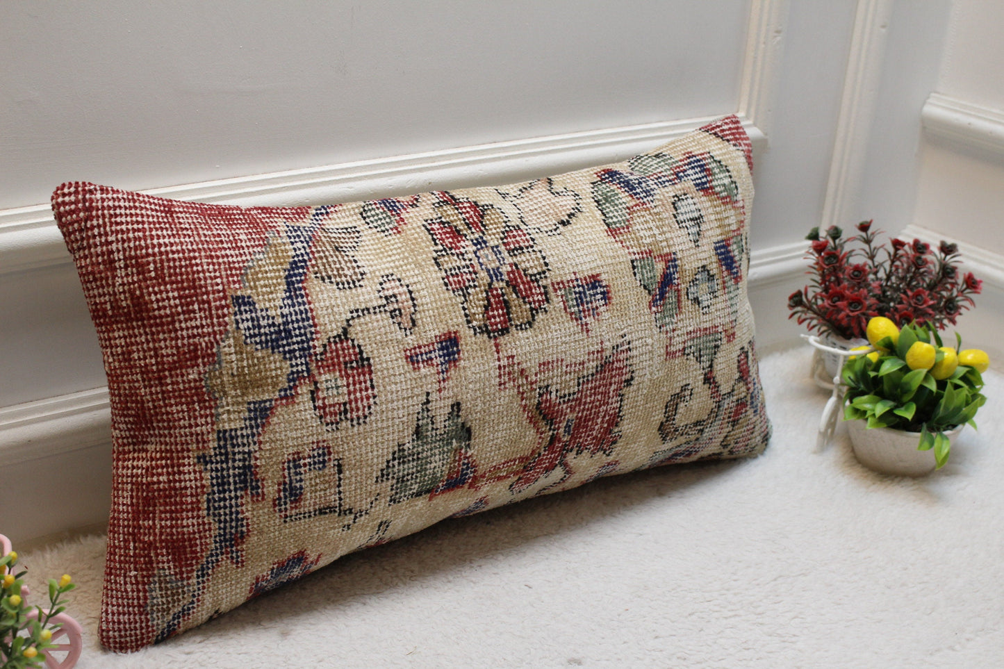 Floral Kilim Lumbar Pillow Cover: Handmade Turkish Rug Pillow, 12x24 inch