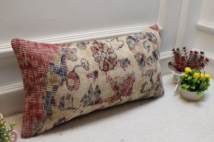 Floral Kilim Lumbar Pillow Cover: Handmade Turkish Rug Pillow, 12x24 inch