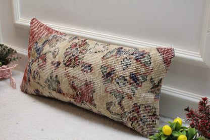 Floral Kilim Lumbar Pillow Cover: Handmade Turkish Rug Pillow, 12x24 inch