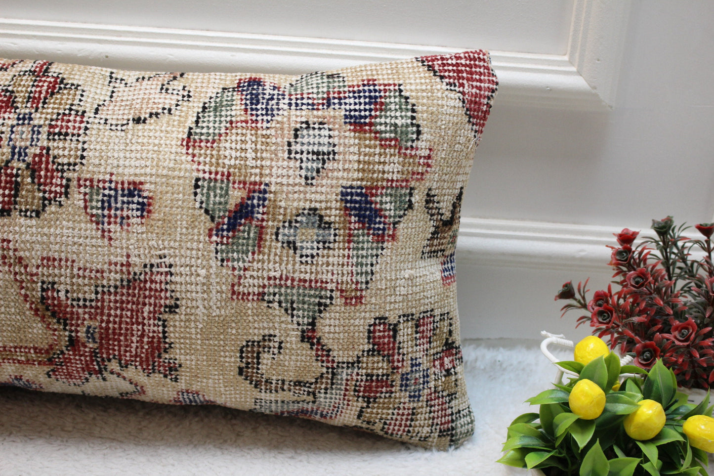 Floral Kilim Lumbar Pillow Cover: Handmade Turkish Rug Pillow, 12x24 inch