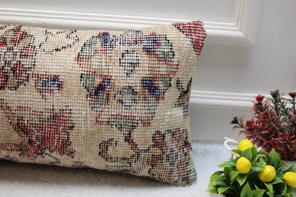 Floral Kilim Lumbar Pillow Cover: Handmade Turkish Rug Pillow, 12x24 inch