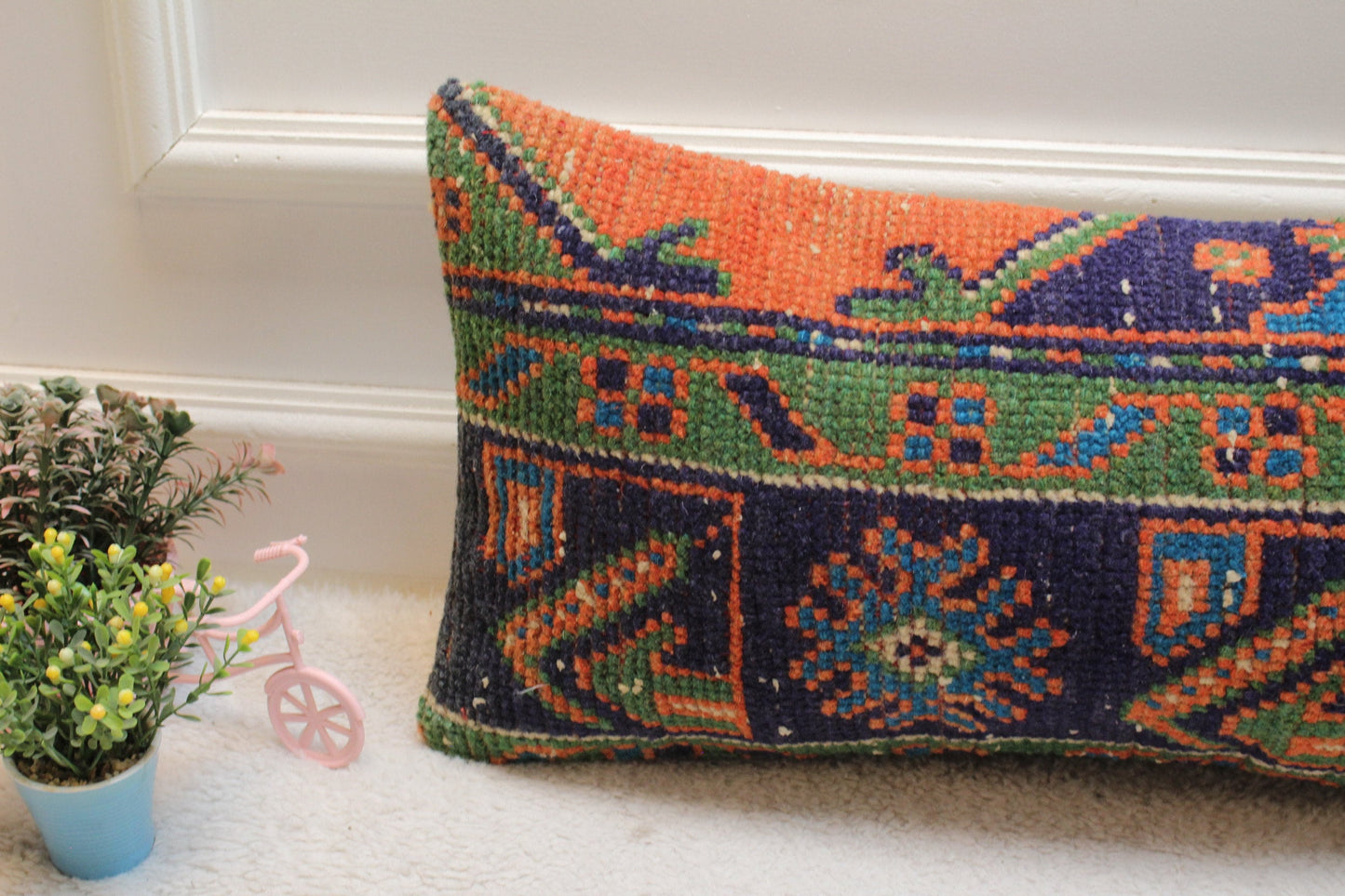 Vintage Turkish Rug Lumbar Pillow Cover: Blue Wool Kilim Pillow, 12x24 inch