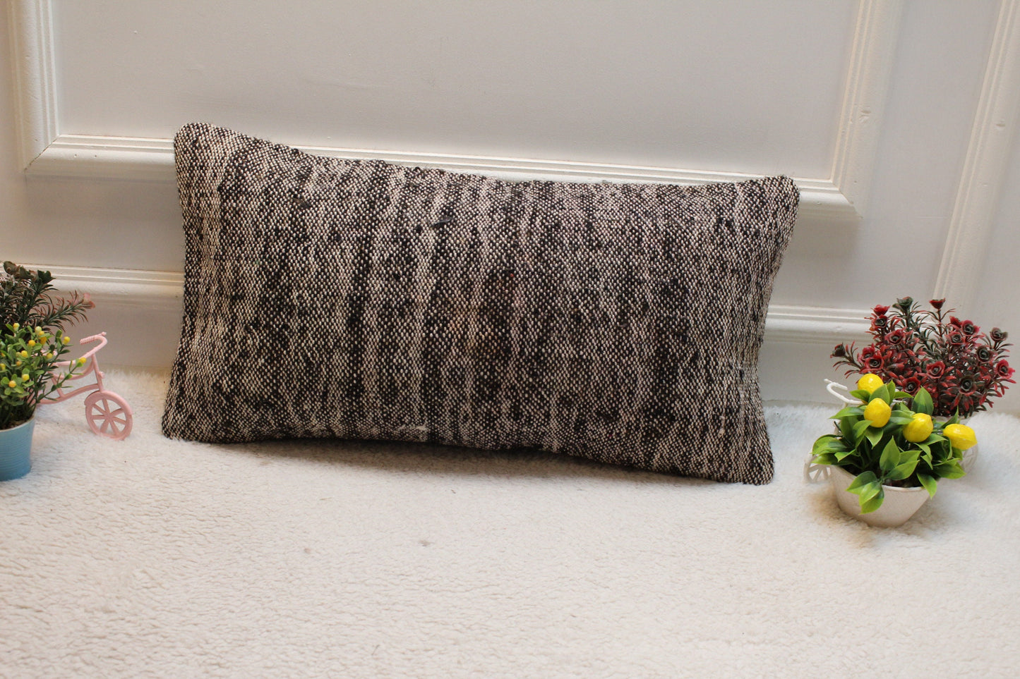 Gray Turkish Kilim Lumbar Pillow Cover: Vintage Woven Wool, 12x24 inch