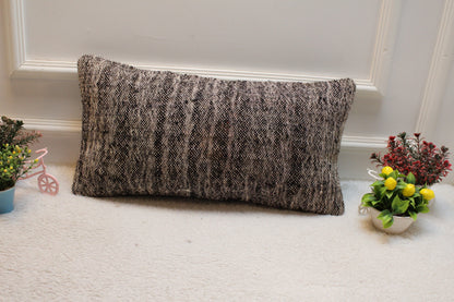 Gray Turkish Kilim Lumbar Pillow Cover: Vintage Woven Wool, 12x24 inch