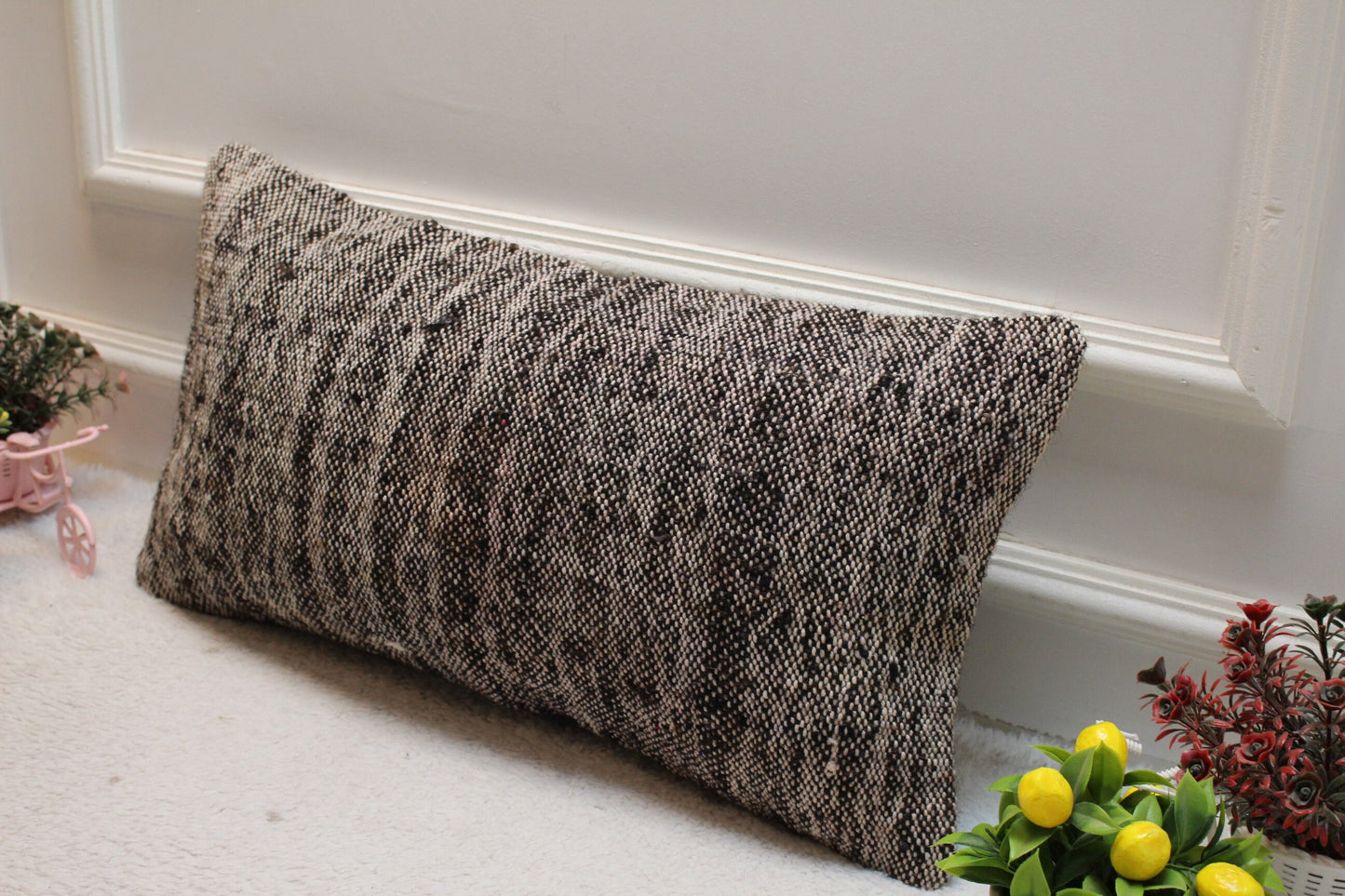 Gray Turkish Kilim Lumbar Pillow Cover: Vintage Woven Wool, 12x24 inch