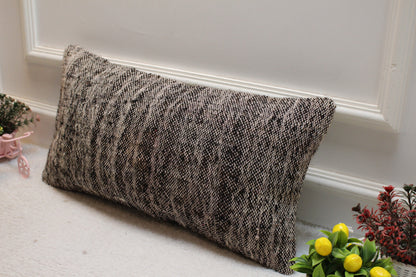 Gray Turkish Kilim Lumbar Pillow Cover: Vintage Woven Wool, 12x24 inch