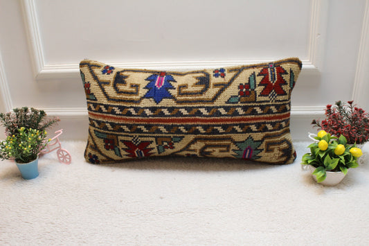 Vintage Turkish Rug Lumbar Pillow Cover: Organic Wool Home Decor (12x24 in)