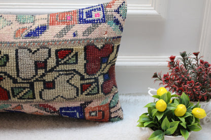 Handmade Floral Turkish Rug Lumbar Pillow Cover: 12x24 inch Wool Pillow