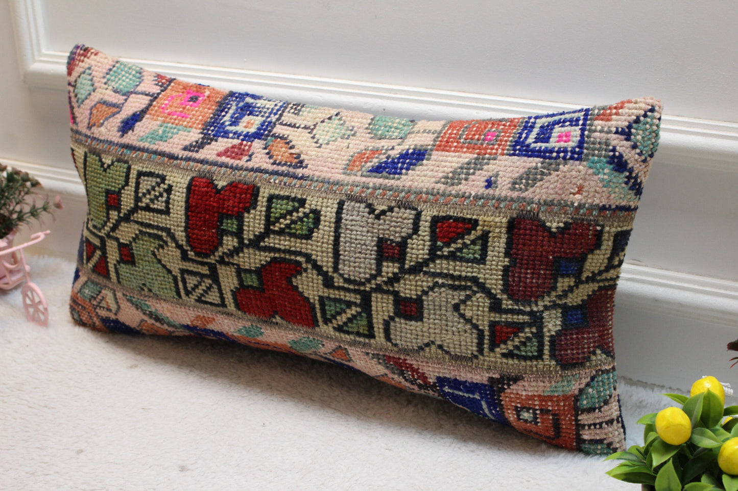 Handmade Floral Turkish Rug Lumbar Pillow Cover: 12x24 inch Wool Pillow