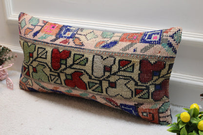 Handmade Floral Turkish Rug Lumbar Pillow Cover: 12x24 inch Wool Pillow