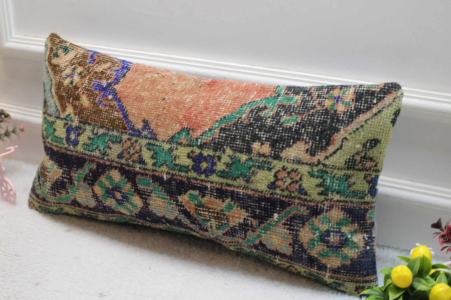 Floral Turkish Rug Lumbar Pillow Cover: Handmade Wool Pillow Case (12x24 in)