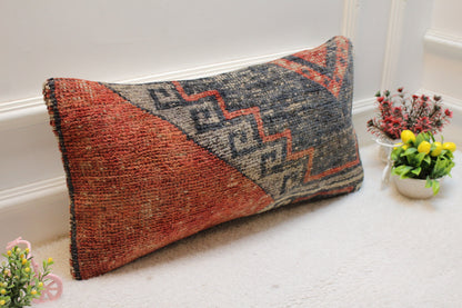 Handmade Turkish Rug Lumbar Pillow Cover: Ethnic Woven Design, 12x24 inch