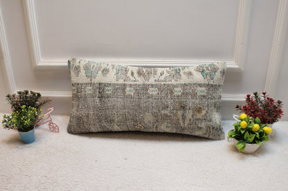 Gray Vintage Turkish Rug Lumbar Pillow Cover: 12x24 inc Wool Kilim