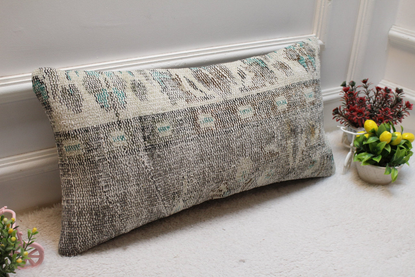 Gray Vintage Turkish Rug Lumbar Pillow Cover: 12x24 inc Wool Kilim