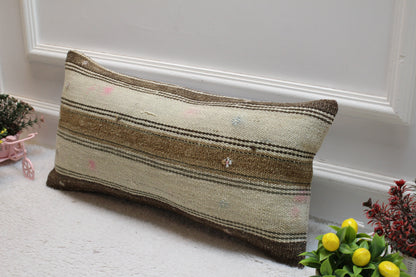Handwoven Kilim Lumbar Pillow Cover: Striped Wool Sofa Pillow (12x24 inc)