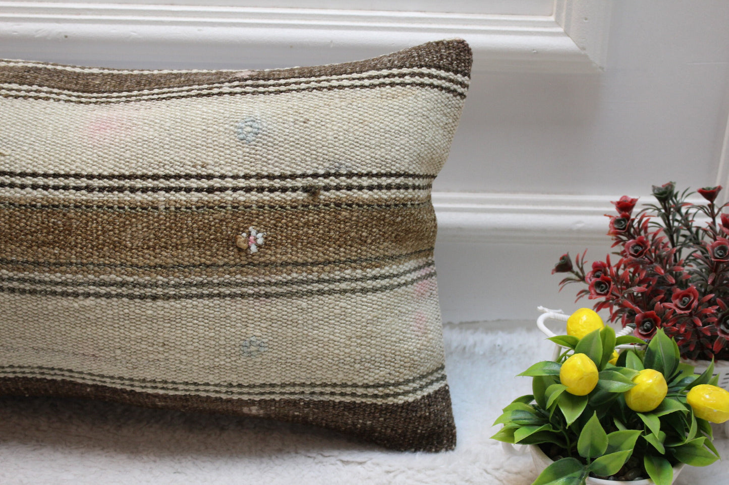 Handwoven Kilim Lumbar Pillow Cover: Striped Wool Sofa Pillow (12x24 inc)