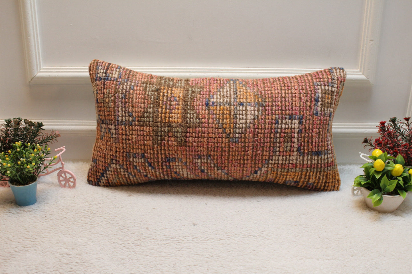 Handmade Pink Kilim Pillow Cover: Upcycled Turkish Rug, 12x24 inch