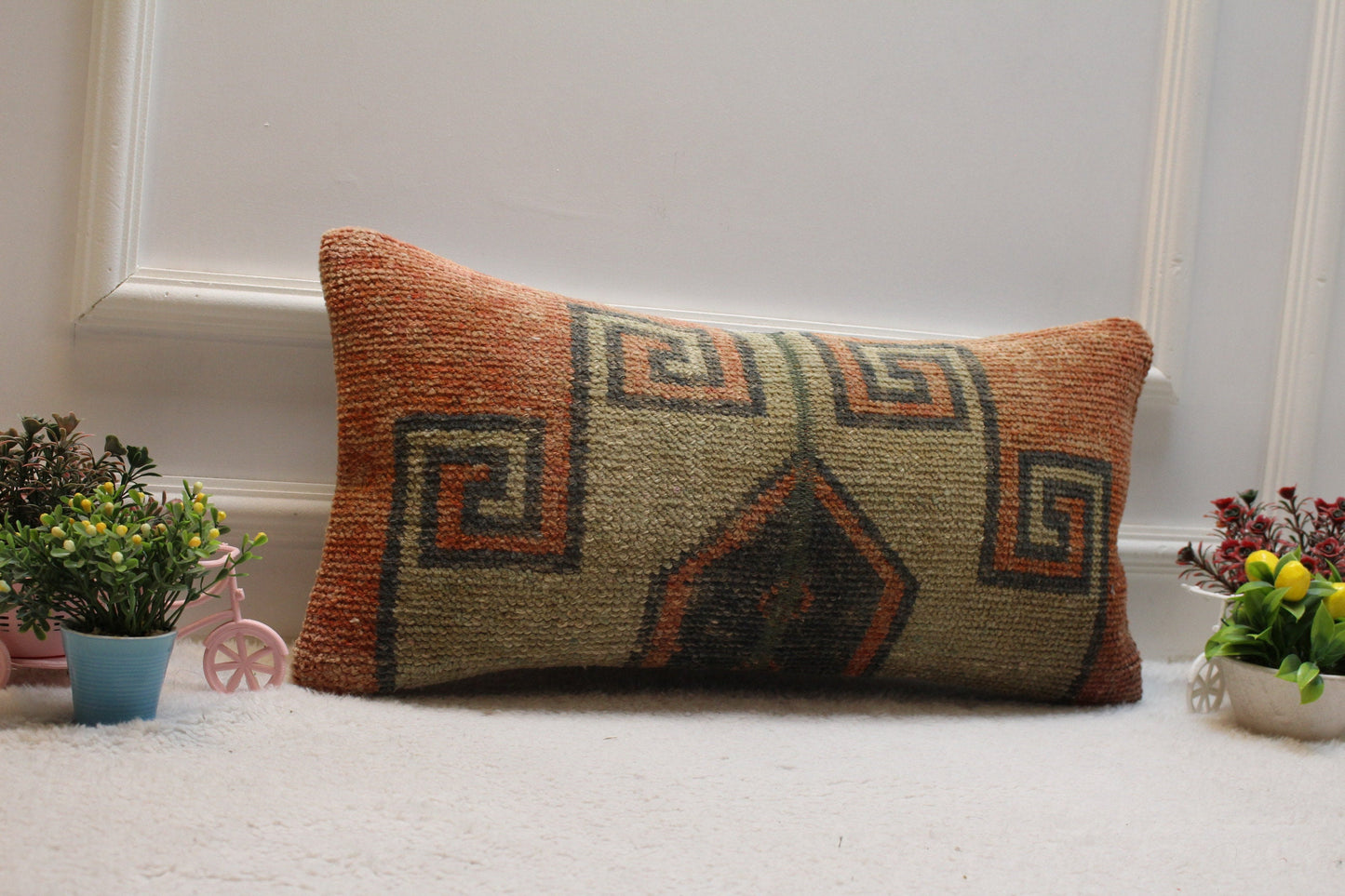 Geometric Turkish Rug Lumbar Pillow Cover: Upcycled Woven Wool (12x24in)